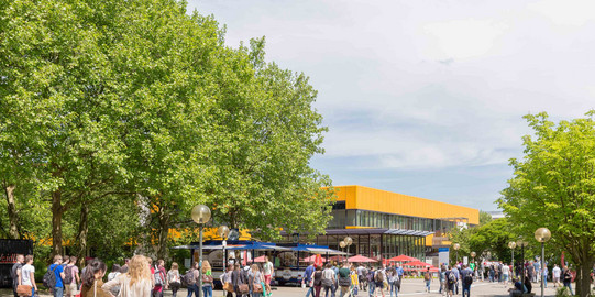 Campusleben mit Studierenden und Mensa Campusleben mit Studierenden und Mensa im Hintergrund